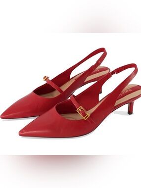 Franco Sarto Red Pointed Slingback Kitten Heel with Gold Buckle